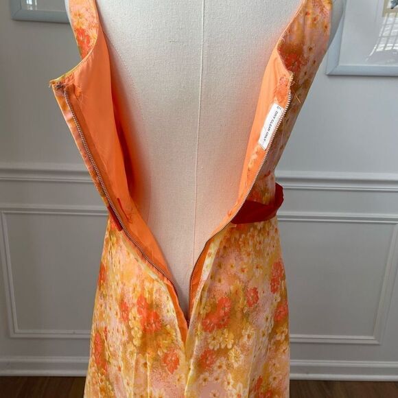 Vintage 60s 70s Orange Yellow Garden Party Chiffon Floral Gown Long Dress 4 6 S - Picture 7 of 9